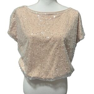 Main Strip Sequin & Pearl Blouse Top Off White/Champagne Short Sleeve Small NWT